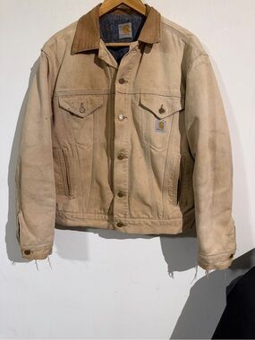 Carhartt Men’s Canvas distressed Work Jacket in Khaki with Corduroy Collar